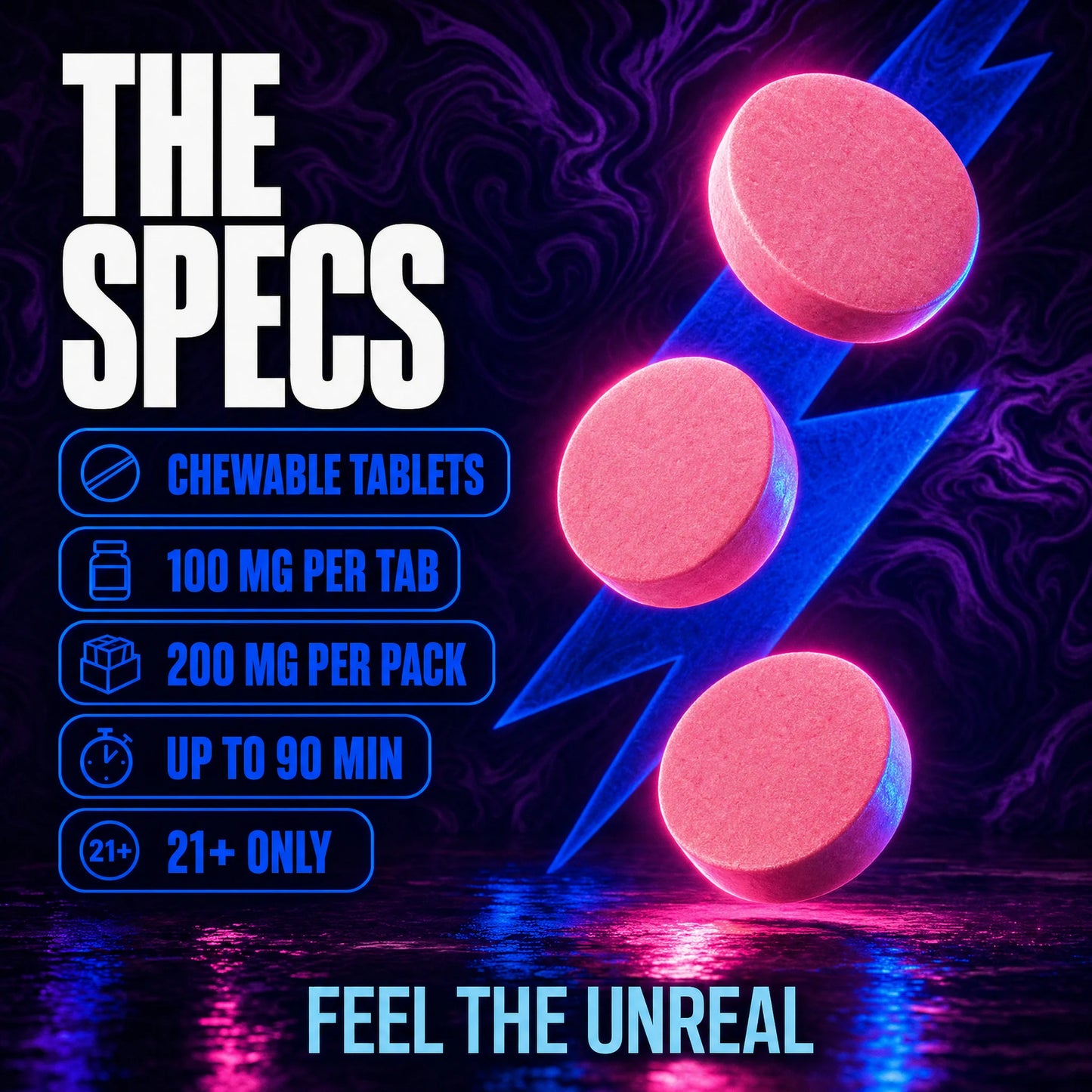 2'SSY specs - chewable tablets, 100mg per tab, 200mg per pack, 21+