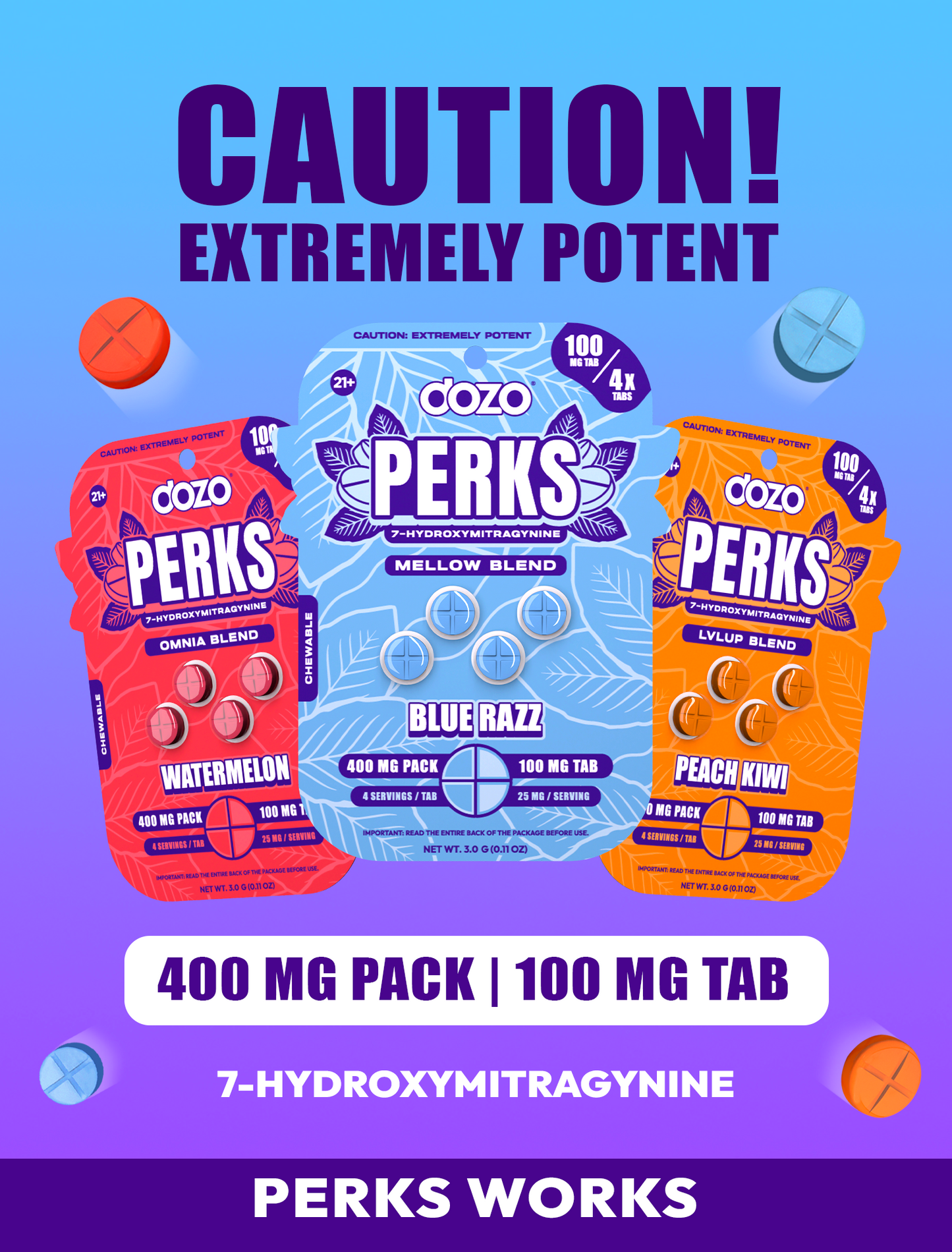 4ct 100mg Dozo PERKS 7-HYDROXYMITRAGYNINE | 400mg per PACK