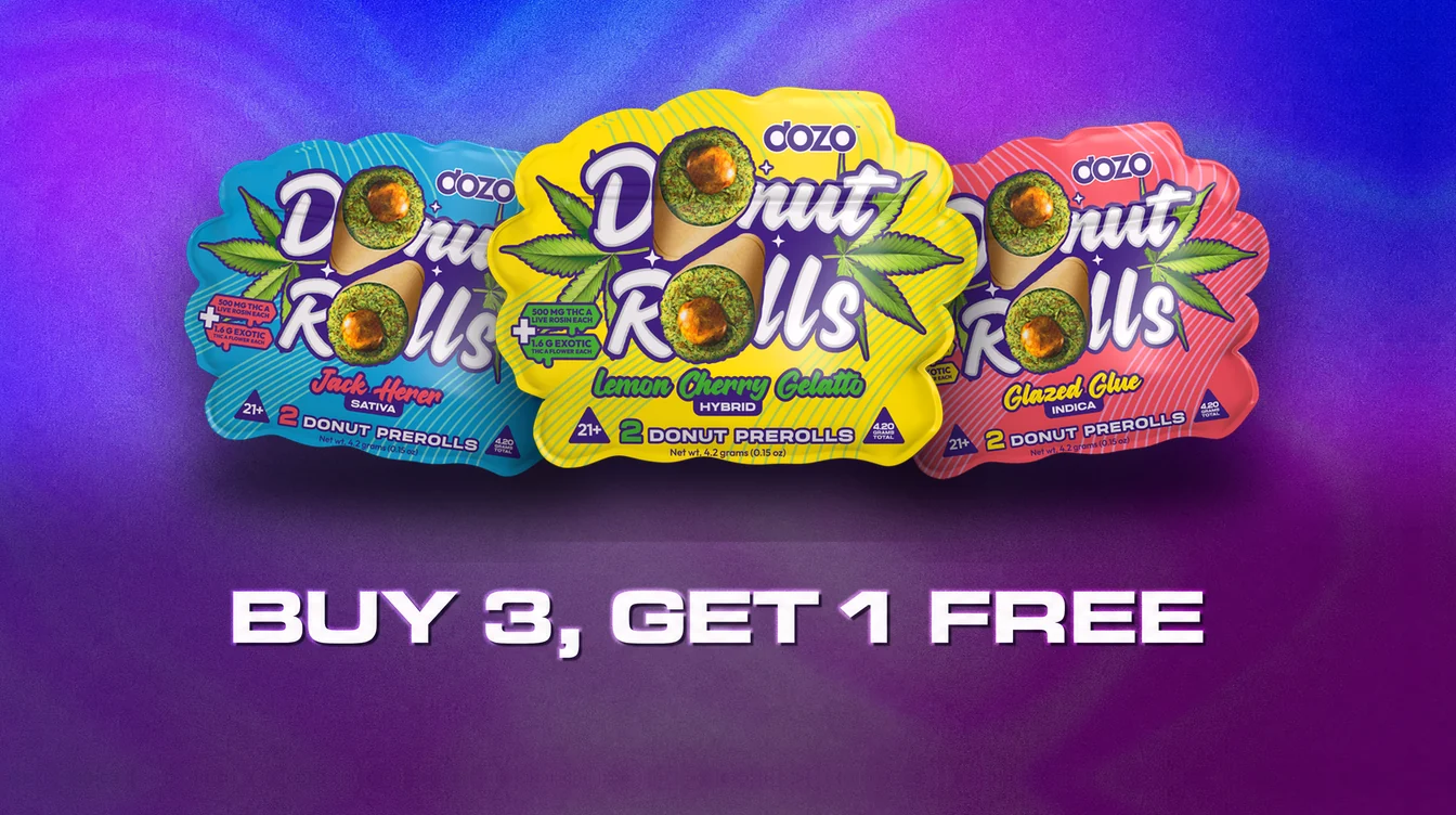 Dozo Donut Rolls 4.20g live rosin infused prerolls, three flavor packs