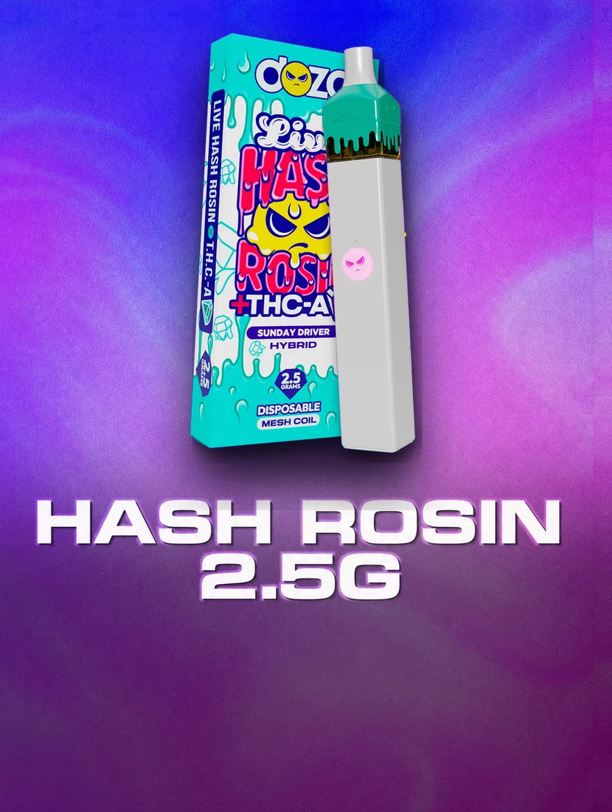 Dozo 2.5g Live Hash Rosin THC-A disposable vape, Sunday Driver
